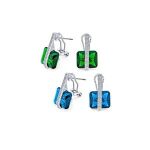 Set of 2 Art Deco Multicolor Square CZ Dangle Chandelier Earrings Silver Plated