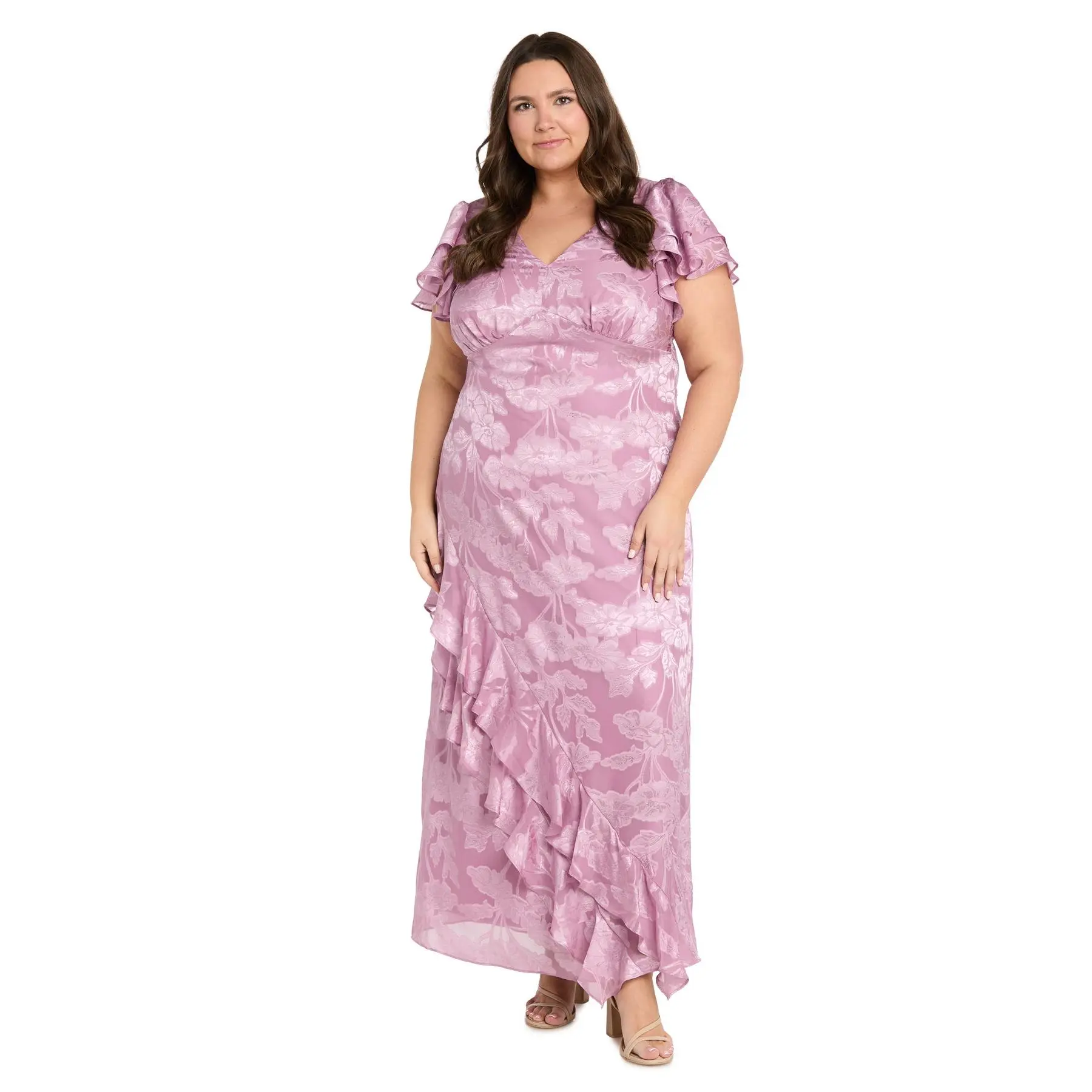 Blush Floral Jacquard Ruffle Gown - Plus