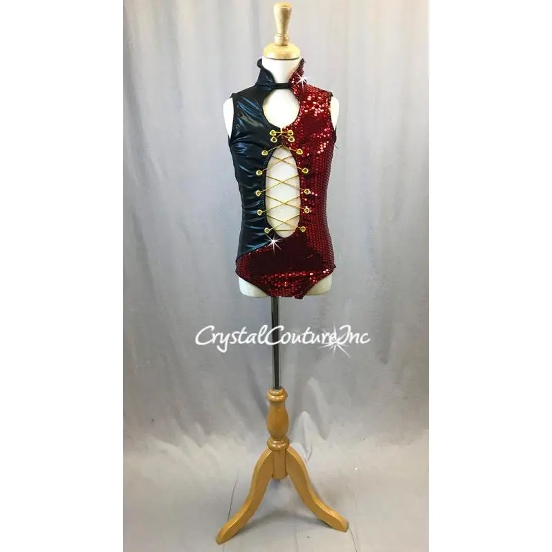Custom Black & Red Metallic Leotard with Gold Accents