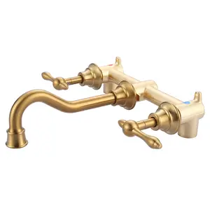 WOWOW Decorative Vintage Solid Brass Wall-Mounted Double Handle Faucet, 3-Hole Gold Bathroom Sink Lavatory Tap with Rough-In Valve, Water Control Fixture (Excludes Shower Filter)