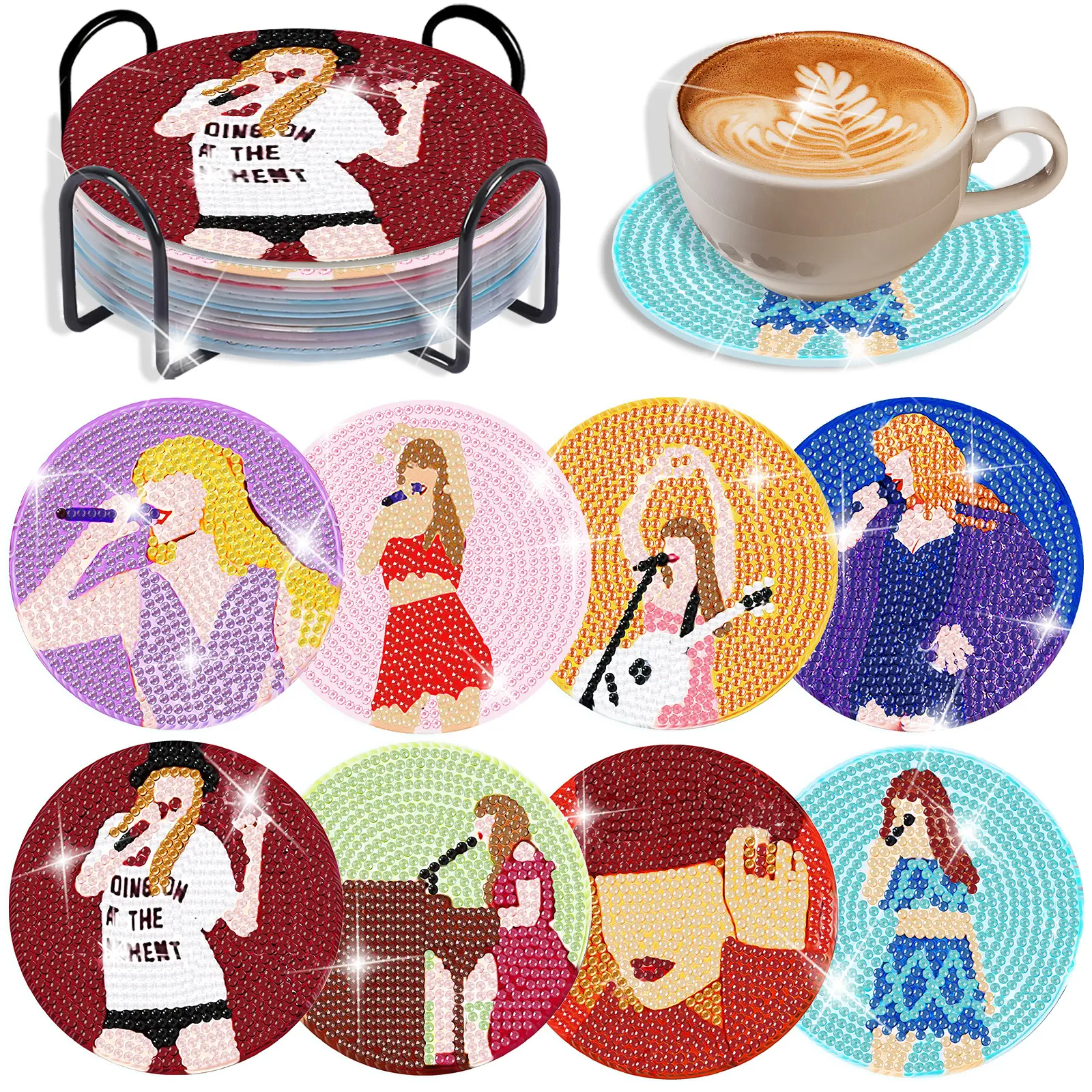 8-piece 5D Diamond Art Kit, DIY Diamond Painting Coasters with Diamond Pattern Design by a Pop Singer, Singer Theme, with Tool Kit, Cork Mat, and Storage Rack, suitable for adult craft enthusiasts.