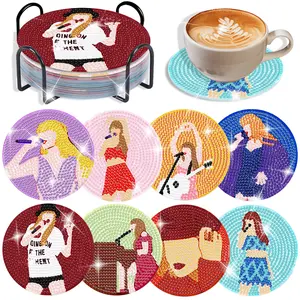 8-piece 5D Diamond Art Kit, DIY Diamond Painting Coasters by a Pop Singer, with Tool Kit, Cork Mat, and Storage Rack, suitable for adult craft enthusiasts.
