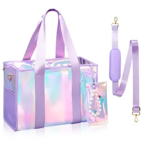 Beach Bag 26L Large Iridescent Waterproof Beach Tote Bag for Women with Zipper & Phone Pouch Sand/Tip-Proof Crossbody clear bag