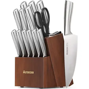 Set, Kitchen Knives Set with Block and Sharpener Full Tang 15 Pcs Premium Stainless Steel Knives, Dishwasher Safe Set with Anti-slip Ergonomic Handle, Walnut, Valentine's Gift