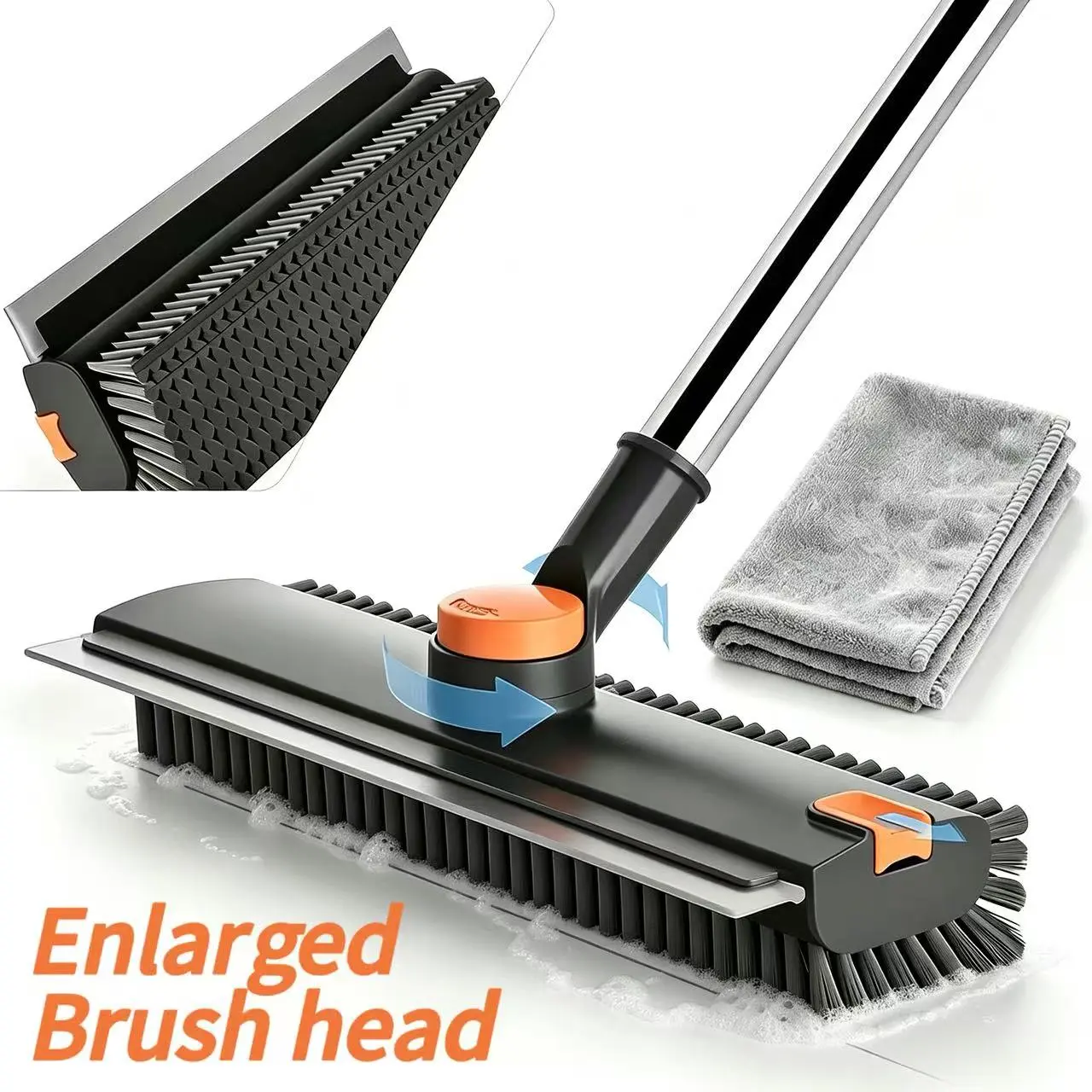 Floor Scrub Bathtub Brush 360° Rotatable with Squeege Long Handle 3 in 1 Scrape and Heavy-Duty Stiff Bristle Scrubber Brush for Cleaning Shower Bathroom Patio Garage Kitchen Wall and Deck Cleaning Supplies for Home Essential Items