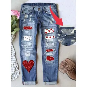 Women's Valentine's Day Distressed Mid-Waist Boyfriend Fit Jeans Loose-Fitting Heart Print Patched Breathable Fabric All Seasons Wear