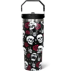 30oz Stainless Steel Water Bottle - Printed Transparent Skull Rose Flip Tumbler with Handle, Lid, Portable Straw, Halloween Themed Kitchenware Beverage Mug for Women, Decor Accessory Gift, Water Bottles, Bottles