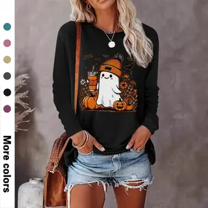 Women's Halloween Ghost & Pumpkin Print  Graphic Round Neck T-shirt, Casual Long Sleeve Crew Neck Tee for Fall & Winter, Women's Clothes for Daily Wear
