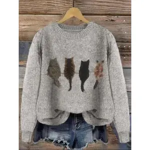 Women's Cat Print Drop Shoulder Sweater, Casual Long Sleeve Round Neck Jumper for Fall & Winter, Fashion Ladies' Knitwear for Daily Wear