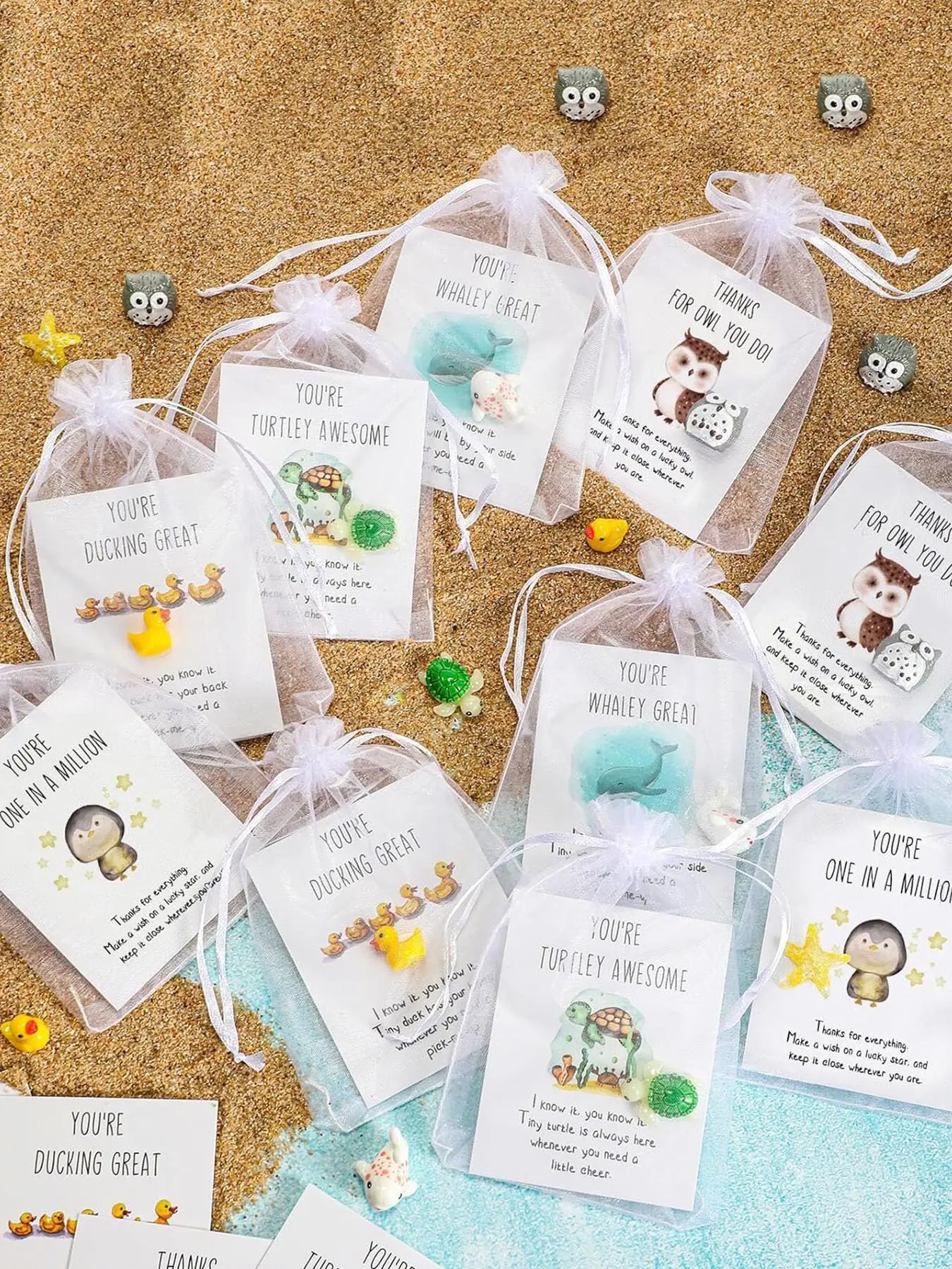 5sets  Employee Appreciation Gifts Bulk for Coworkers Thank You Staff Back to School Gift Animal Pun Inspirational Note Cards Funny Resin Ducks Stars Whales Turtles Owls Office Favors Positive Message Card
