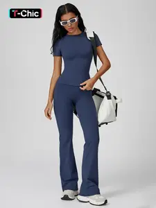 Women's Sporty Two-Piece Set, Quick-Dry Slim Fit T-Shirt & High Waist Yoga Pants, Soft Skin-Friendly Fabric, All-Season Wear, Sports Activewear Set