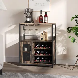 Bar Cabinet, Wine Rack with Removable Wine Rack, Adjustable Shelves, Coffee Bar Cabinets with Mesh Door and Divider, 36" Tall, for Home, Kitchen, Dining Room, Burnt Color