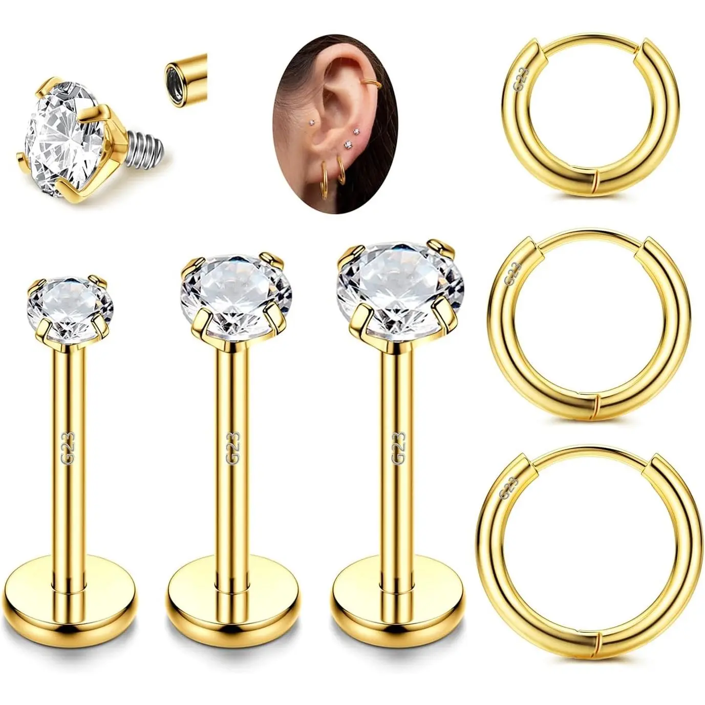 G23 Titanium 18G 16G Tragus   Labret Stud Internal Threaded CZ Labret  Monroe Medusa Lip   Nose Rings Hoop Cartilage Earrings for Women Men 6 count