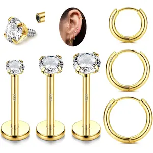 G23 Titanium 18G 16G Tragus   Labret Stud Internal Threaded CZ Labret  Monroe Medusa Lip   Nose Rings Hoop Cartilage Earrings for Women Men 6 count