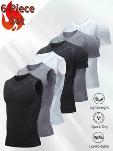 Summer Men's Sports Top 6-Piece Set: Vest + Short-Sleeve, Sleeveless T-Shirt, Crew Neck Top, American Striped Design, Quick-Drying and Breathable, High Elasticity and Slim Fit penny tees