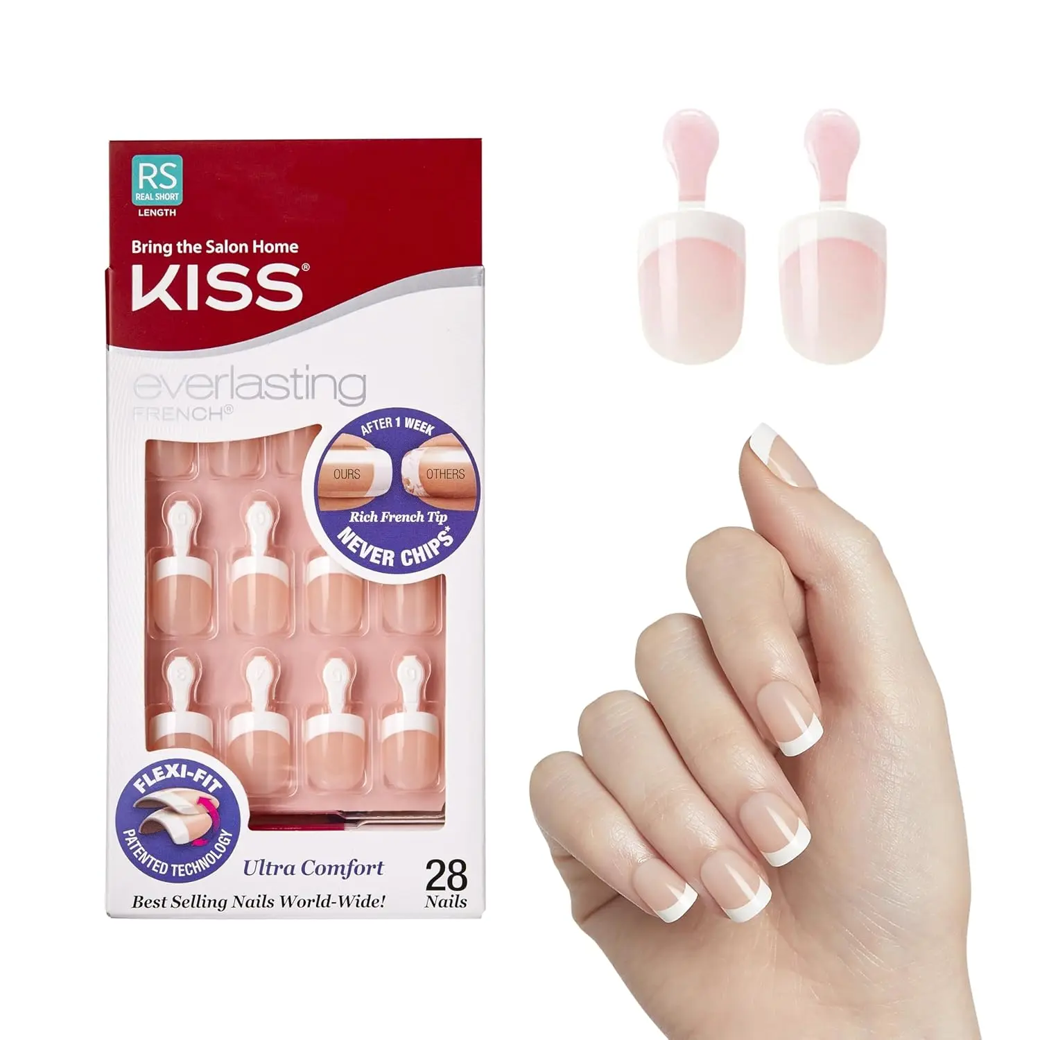 French Nail Manicure, Real Short, "Endless", Nail Kit with Pink Nail Glue (Net Wt. 2 g / 0.07oz.), Mini File, Manicure Stick, and 28 Fake Nails