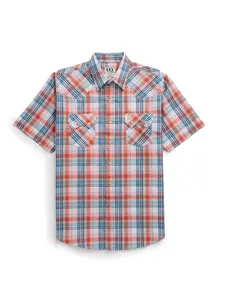 Men's Ely Cattleman Short Sleeve Plaid Western Snap Shirt- Melon & Navy