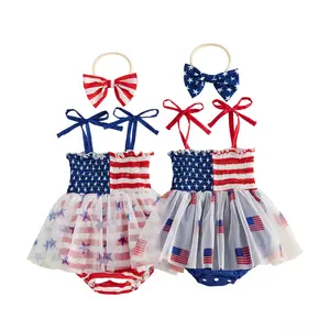 Infant Baby Girl Outfit Independence Day Sleeveless Tie up Shoulder Strap Star Stripe Print Romper Dress and Headband 0-18 Months