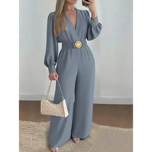 A set of casual women's waist cinched Belted jumpsuit V-neck bubble sleeve wide leg pants, suitable for autumn and winter, suitable for home, indoor, and outdoor wear