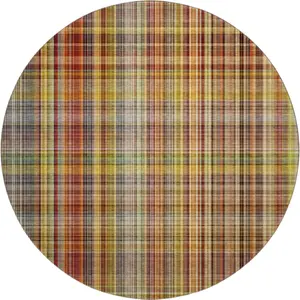 HomeRoots 648283 8 ft. Rust Gold & Green Plaid Washable Round Area Rug, Child-Friendly Kids-Safe Durable Full-Sized Large-Scale Rug with UV Protection, Child-Friendly Area Rugs, Durable Area Rugs