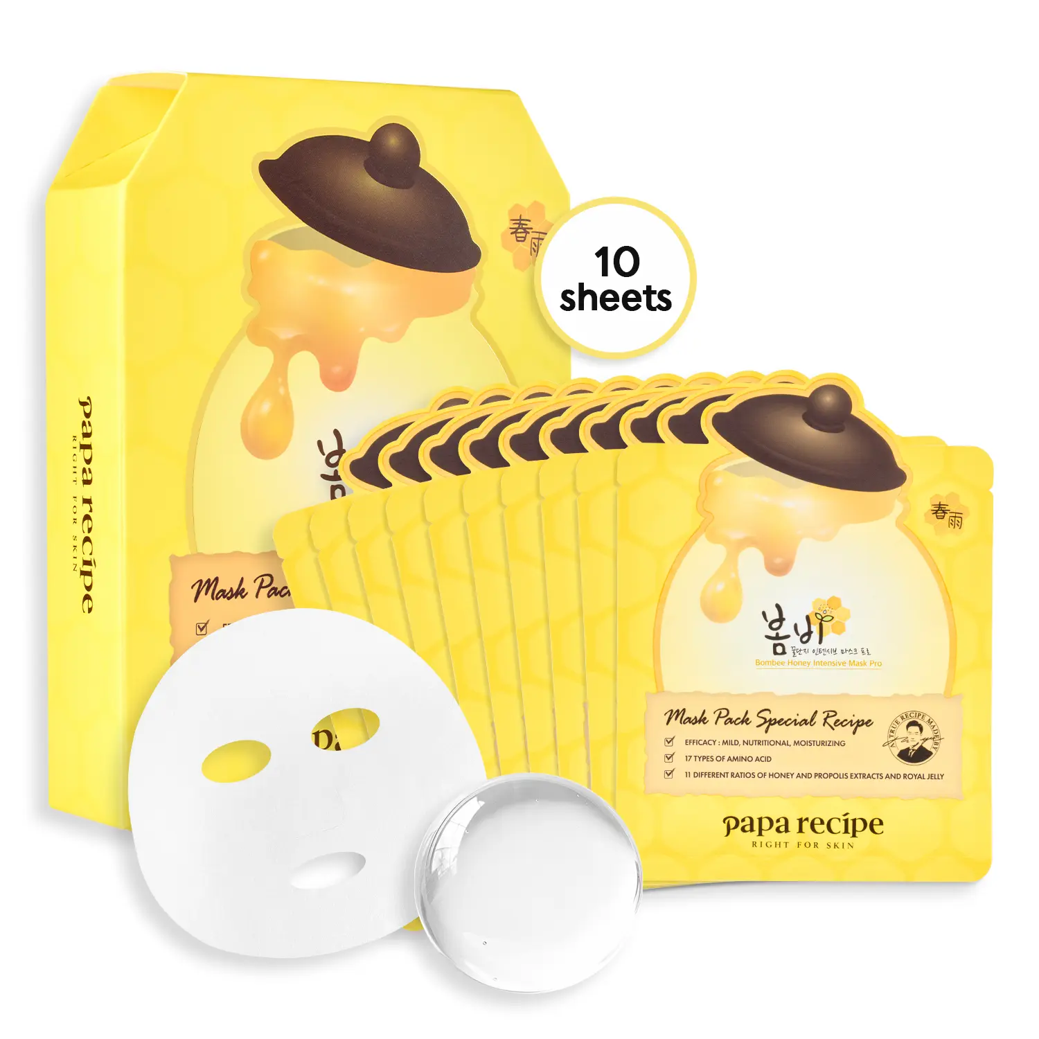 Papa Recipe Bombee Honey Intensive Mask PRO (10 Sheets, 0.88 oz each) - Upgrade Hydration Boost, Korean Face Sheet Masks for Dry Skin, Barrier Care, 5X Honey Complex