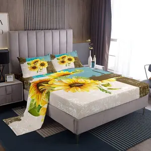 Feelyou Sunflower Theme Microfiber Bedding Sets - Decorative Deep Pocket Fitted Sheet, Soft Breathable Sheet, Yellow Floral & Modern Grey Blue Brown Designs for Girls, Decorative Bedsheet Sets
