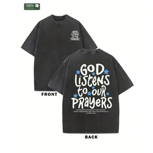 1pc, 230G Double-Sided Washed, "God Listens to Our Prayers" Printed T-Shirt, High-Quality 100% Washed Cotton Retro Fashion Tee, Summer Weight, Holiday Gift