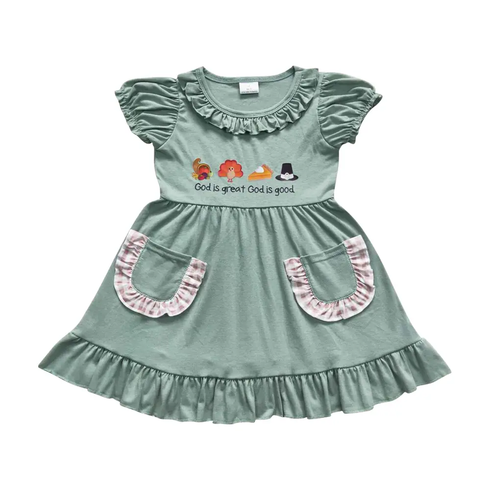 GSD0481--Thanksgiving god is great Vinyl Turkey green girls dress