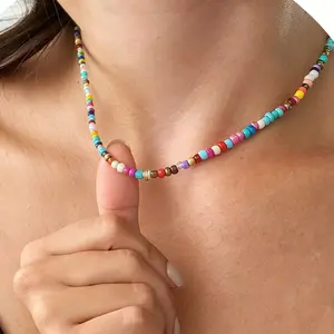 Colorful Rainbow Glass Seed Bead Choker  Adjustable Gold Plated Summer Necklace, Boho Festival Jewelry Gift for her