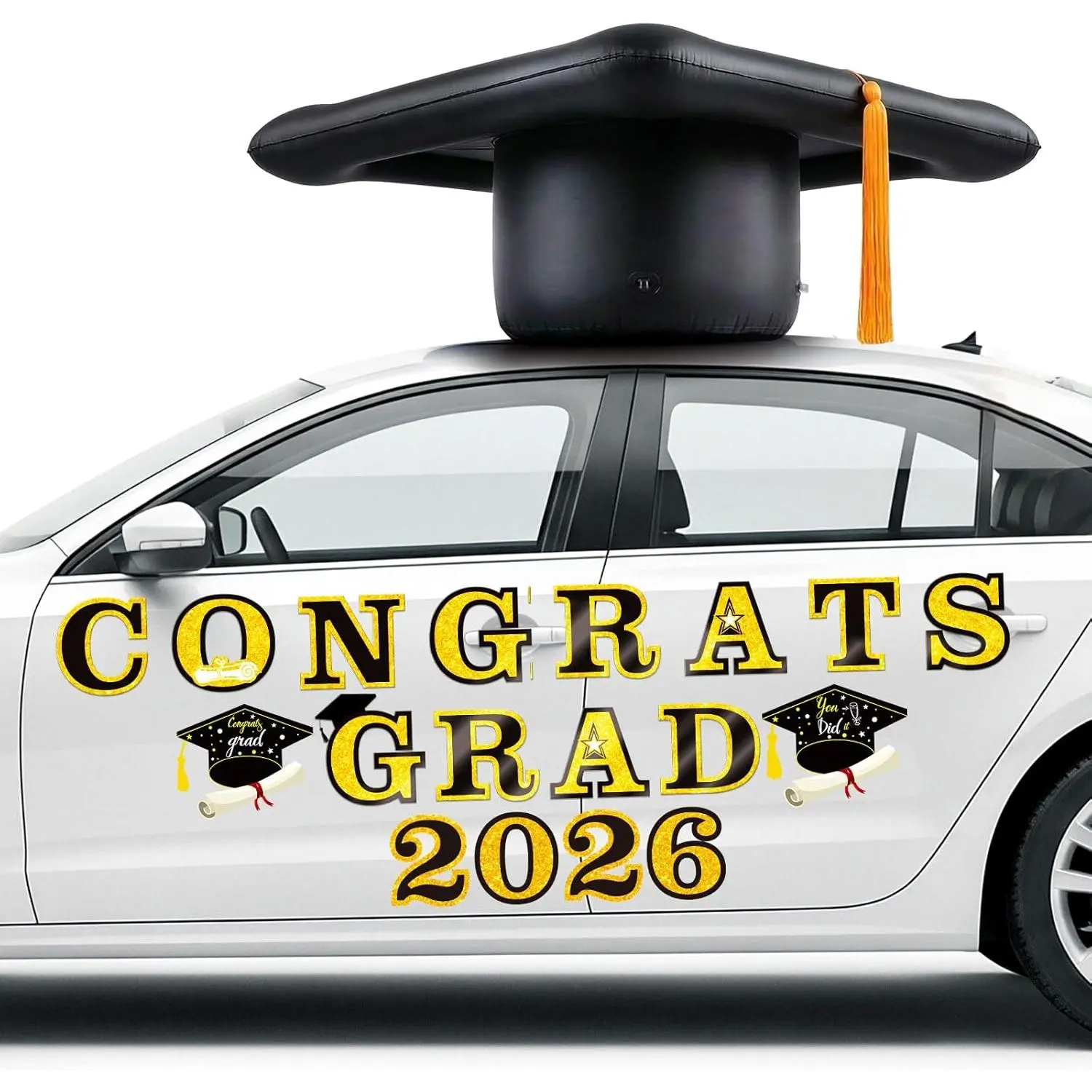 2026 Graduation Car Decorations, 27" Large Inflatable Car Graduation Cap Decors, Class of 2026 Congrats Grad Magnets Letters PVC Blow up Decorations for Cars Roof High School Collage Prom Party(Black
