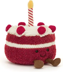 Jellycat Amuseables Cheri Cake Plush | Red Velvet Birthday Cake Stuffed Toy | Cute Celebration Gift with Lit Candle & Berry Detail | Sweet Foodie Decor