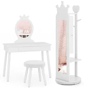 COSTWAY - Kids Room Furniture Set Princess Vanity Table and Stool Set with Mirror and Drawer-White