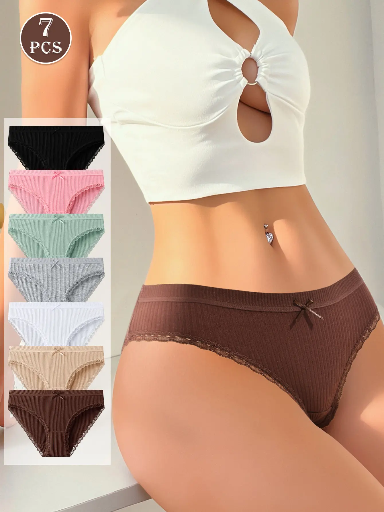 Hotcom Women's Cotton Elegance Cute Panties, 7-Pack Breathable Lace Bikini Briefs, Comfortable Hipster Underpants with Plus Size Options (XS-XL) for Everyday Wear