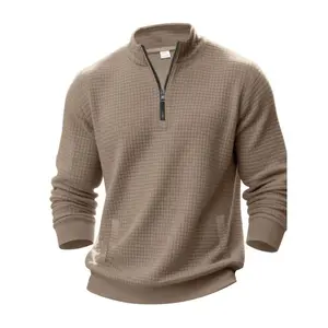 Men's Casual Half-Zip Pullover Sweatshirt, Fall Winter Jacquard Knit Hoodie, Stand Collar Long Sleeve, Large Size Available