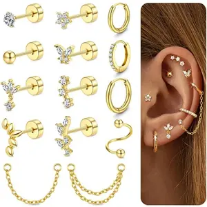 MILACOLATO Cartilage Earrings for Women - 14K Plated Gold Flat Back Helix Conch Tragus Piercing Jewelry Single Stainless Steel Stud Earrings Hoops Stackable Set