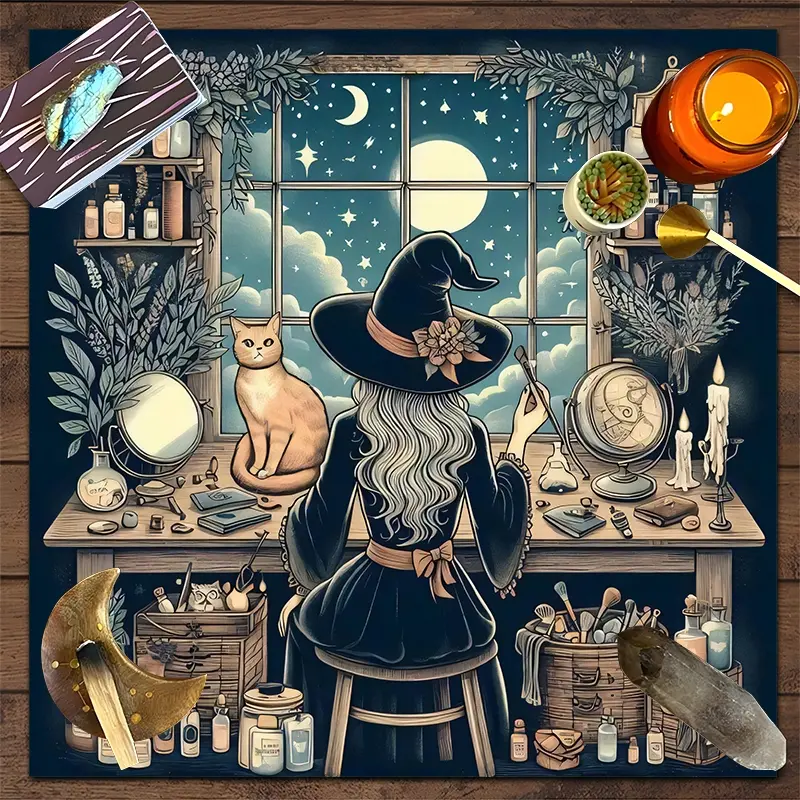 1pc Bohemian Mystical Witchy Square Altar Cloth Celestial Night Sky Tablecloth Tarot Card Spread Reading Cloth Table Mat Decor Tarot Reading Cloth, Tapestry Wall Hanging Home Wall Rugs, Ideal Gift for Autumn Festivals and Seasonal Occasions