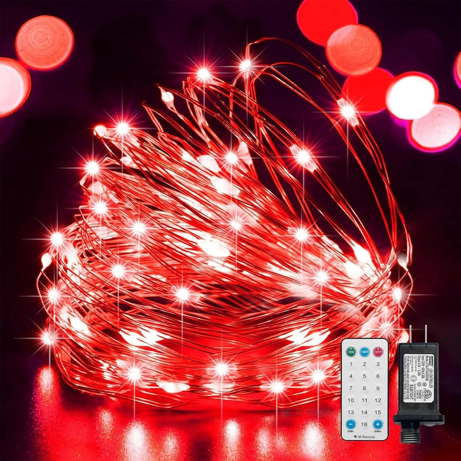 LAMPHOME Fairy Lights Plug in, 33Ft 100 LEDs Waterproof Twinkle Firefly Lights, Adaptor Included, Starry String Lights for Wedding Indoor Outdoor Christmas Patio Garden Decoration, Red