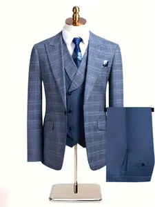 3pcs Men'S Casual Suit Set - Navy Plaid Jacket, Vest & Pants with Notch Lapel Collar, Slim Fit All-Season Business Casual Attire, Formal Wear, Button-Up Front, Versatile For Office & Formal Events, Classic Style, Professional Men