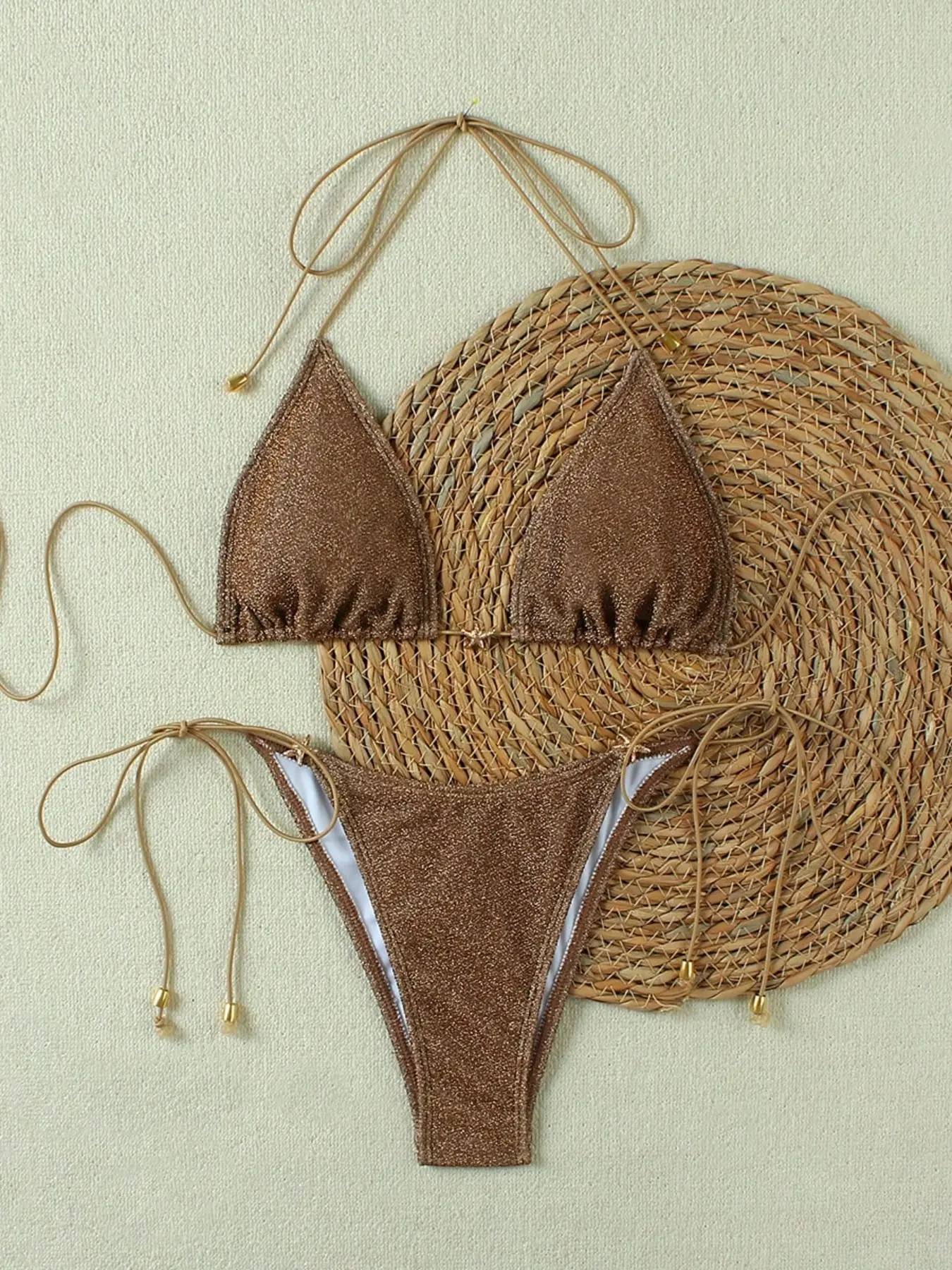 Sexy Casual Brown Starfish Decor Women's Ruched Backless Bikini Set Swimsuit Set Bikinis Sets