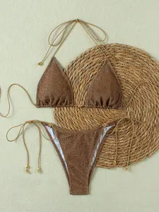 Sexy Casual Brown Starfish Decor Women's Ruched Backless Bikini Set