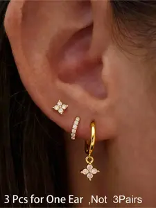 Women's Four-Leaf Clover Ear Cuff Earrings Set, Zirconia Inlay Design, Elegant Fashion Accessory for Daily Wear & Special Occasions