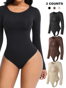 women's solid round neck long sleeve shapewear bodysuit, casual comfy tummy control bodysuit for daily wear, women's shapewear undergarment for all seasons, underwear