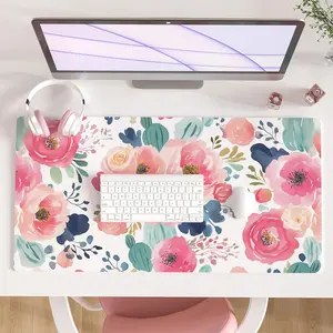 Large Mouse Pad, Pink Floral Desk Mat for Desktop, Women Girls PU Leather Waterproof Desk Pad, Computer PC Laptop Protector Gaming Writing Pads for School Office Home 24" x 14"