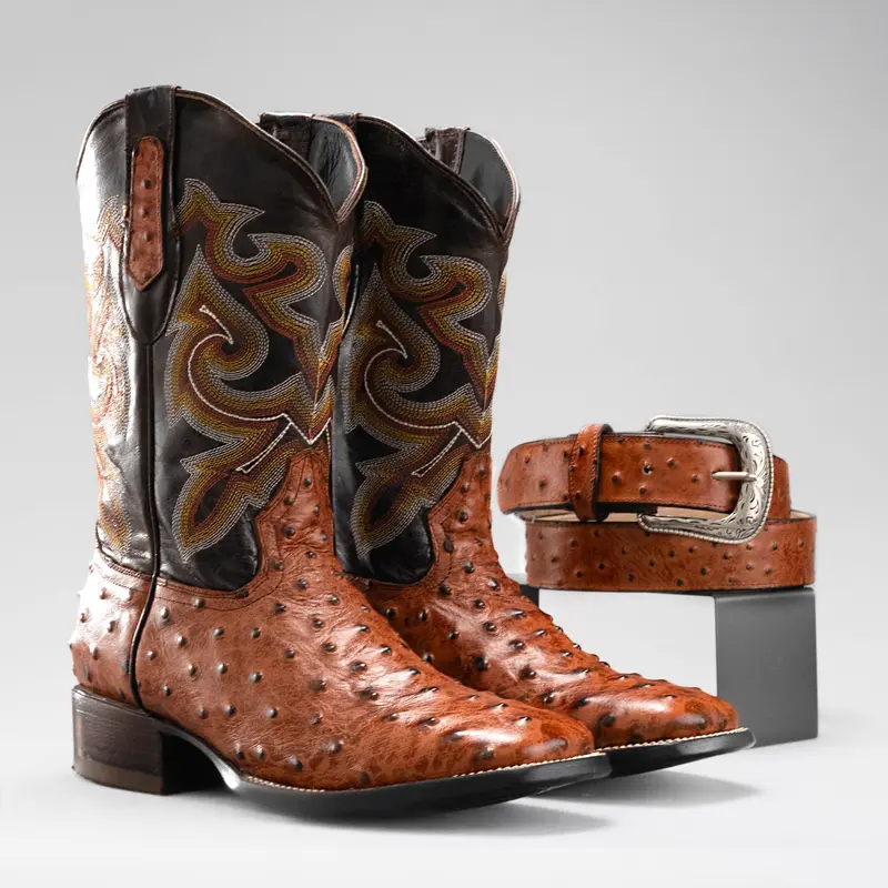 Cowboy Square Toe Imitation Ostrich Boot Premium Leather Men Classic Boot Buttercup Ostrich Print Leather Made in Mexico