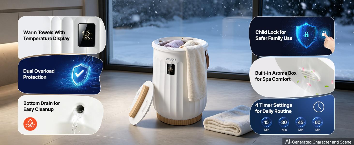 VEVOR Towel Warmers for Bathroom 20L Heated Towel Bucket with LED Display, Rapid Heating, 4 Adjustable Timer, Wood Handle, Auto Shut Off, Fits Oversized Towels, Blankets, Bathrobes, for Women, White#BacktoSchool