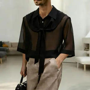 INCERUN Men's Goth Vampire Sheer Elegant Ribbon Tie Shirt - Soft Fabric Menswear, Dark Academia Formal Top, Goth Aesthetic Summer Mens Top