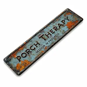Porch Therapy Session In Progress Aluminum Sign, Flat Vintage Rustic Wall Decor, Weathered Blue & Orange Design, Perfect for Patio & Backyard, 16x4 Inch, Great Relaxation Gift for Homeowners, Trendy Retro Grunge Vibe Decoration