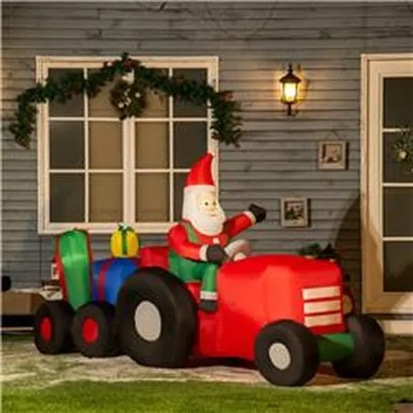 Outsunny 9 ft. Light-Up Christmas Inflatable Santa Claus Driving Trailer, 212 Main 844-585V80MX Model, with Colorful Gift Boxes for Lawn & Garden Party Decor