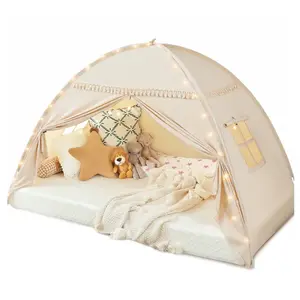 Twin Size Bed Tent - Lights & Flags, Foldable Canopy, Privacy Space, Bedroom Decor Gift Tent Play Baseball Mom Toys
