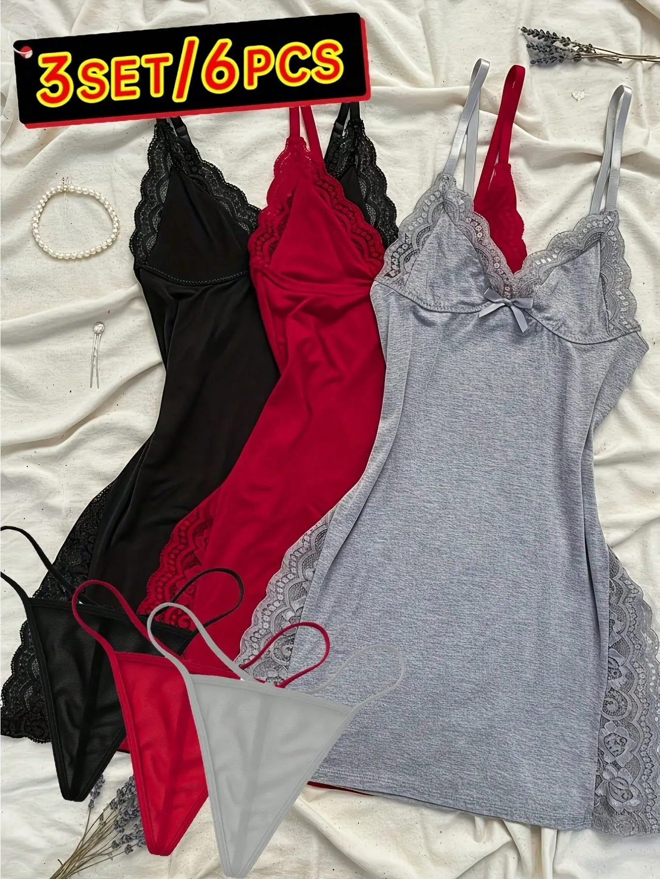 3pcs Of Women's Solid Lace Nightdress, Lace Panels, Skirt Side Slits